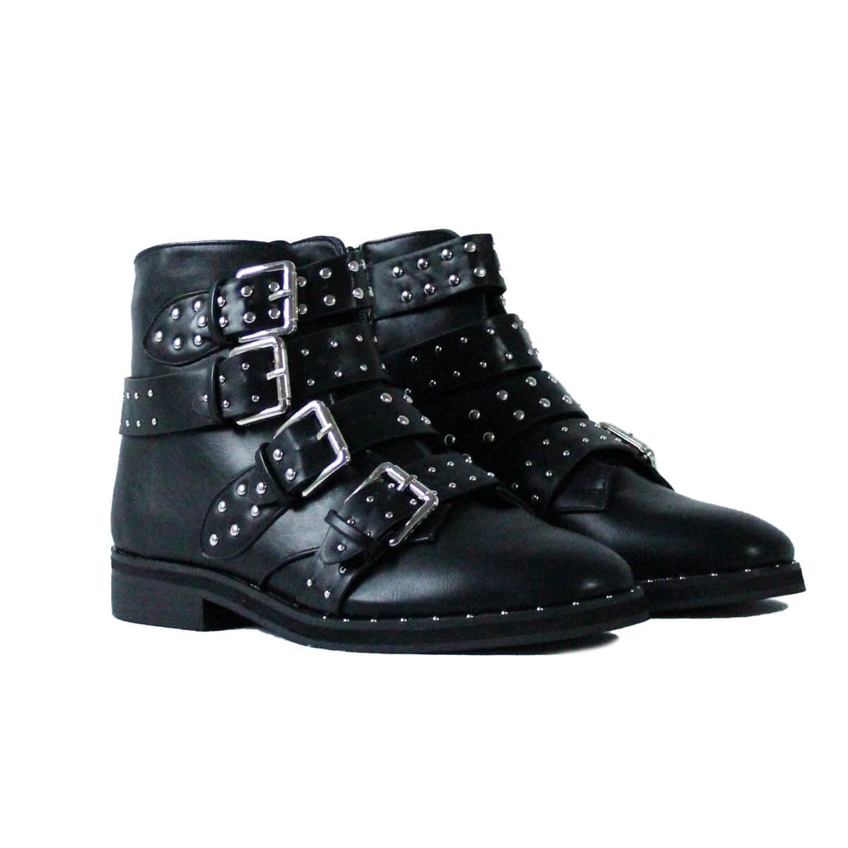 BOTTINES PLATES NOIRES À CLOUS 4 SANGLES VICTORINA - 39.90euros